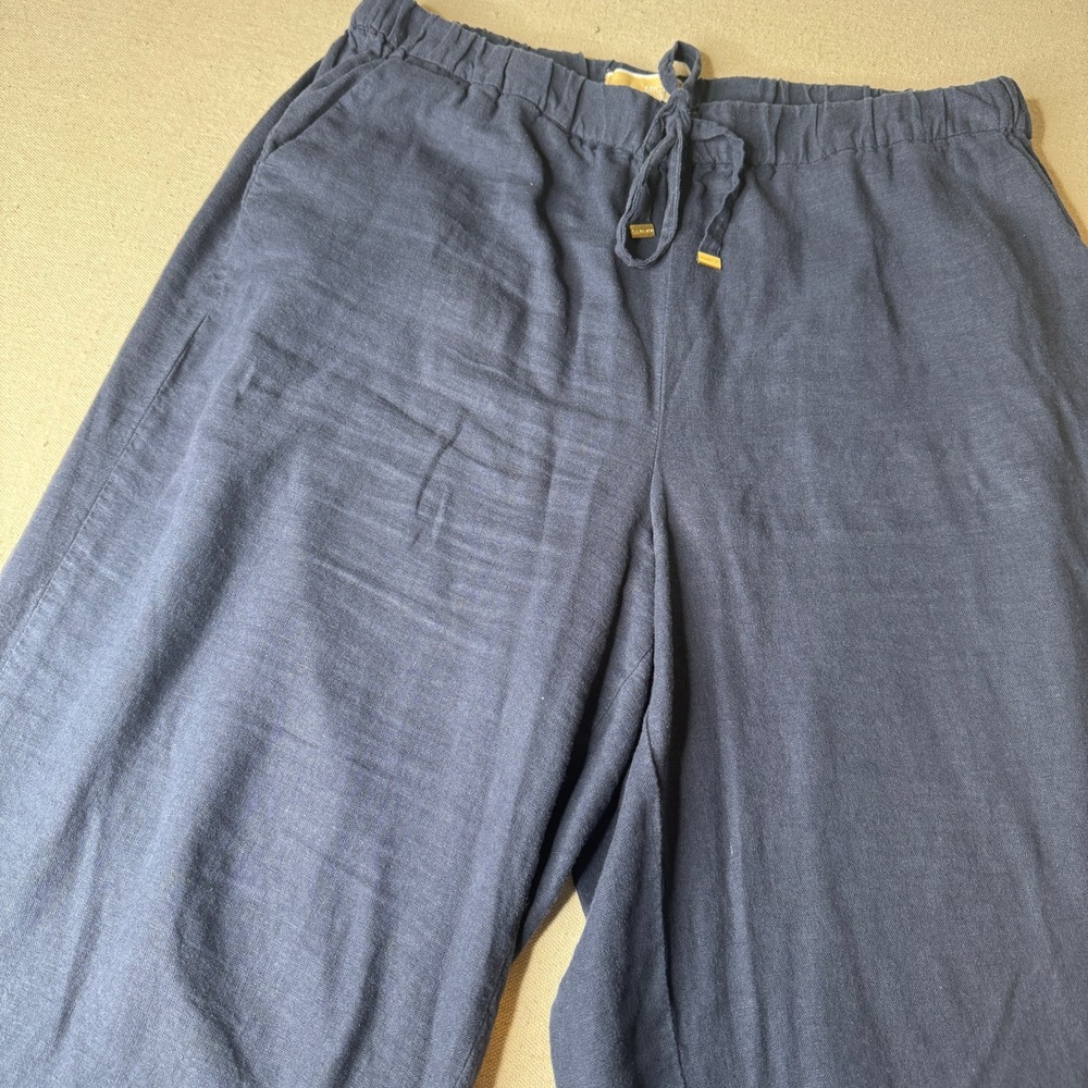 Michael Michael Kors Navy Blue Linen Blend Wide Leg Cropped Drawstring Pants L